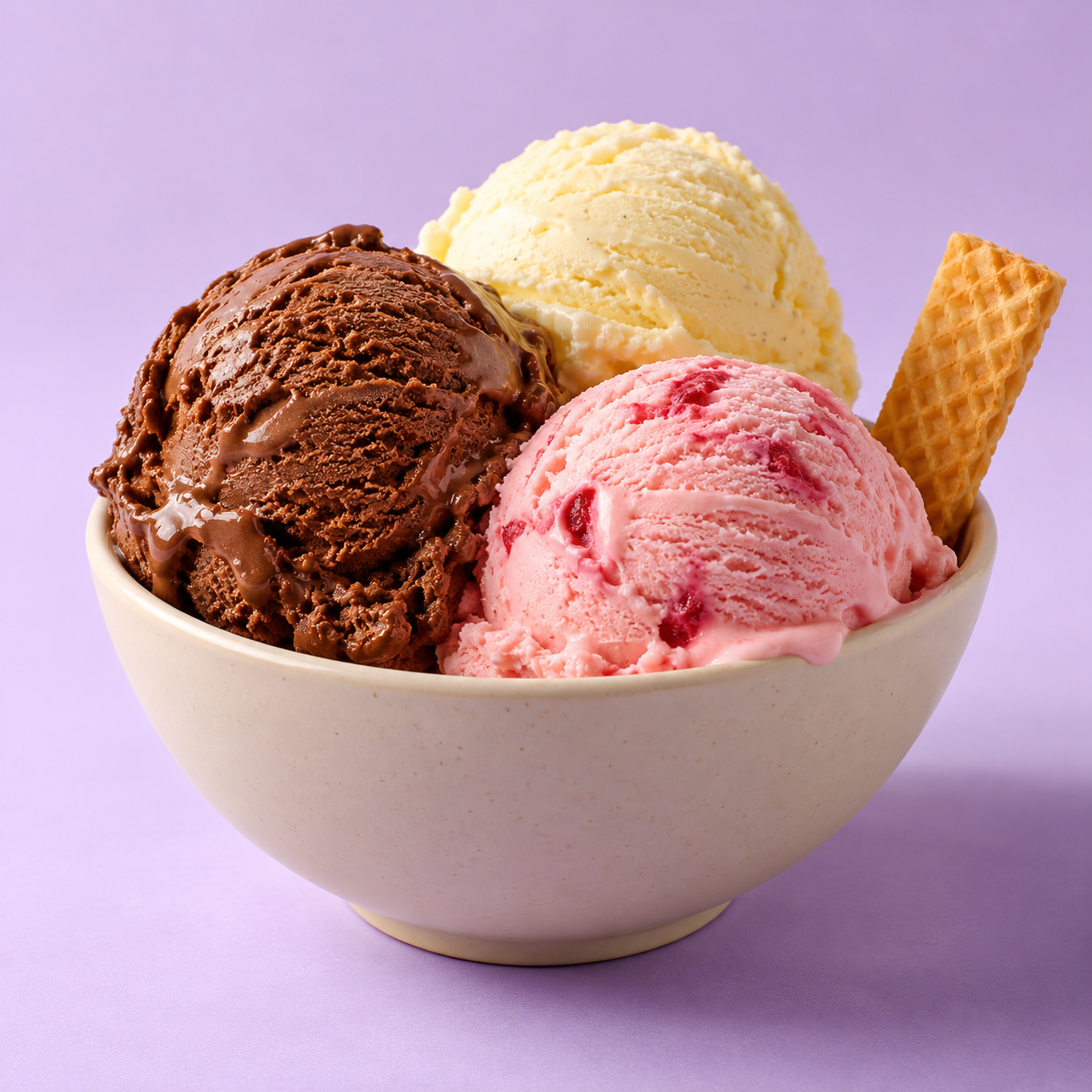 Tigela ilustrativa com sorvetes de chocolate, morango e creme