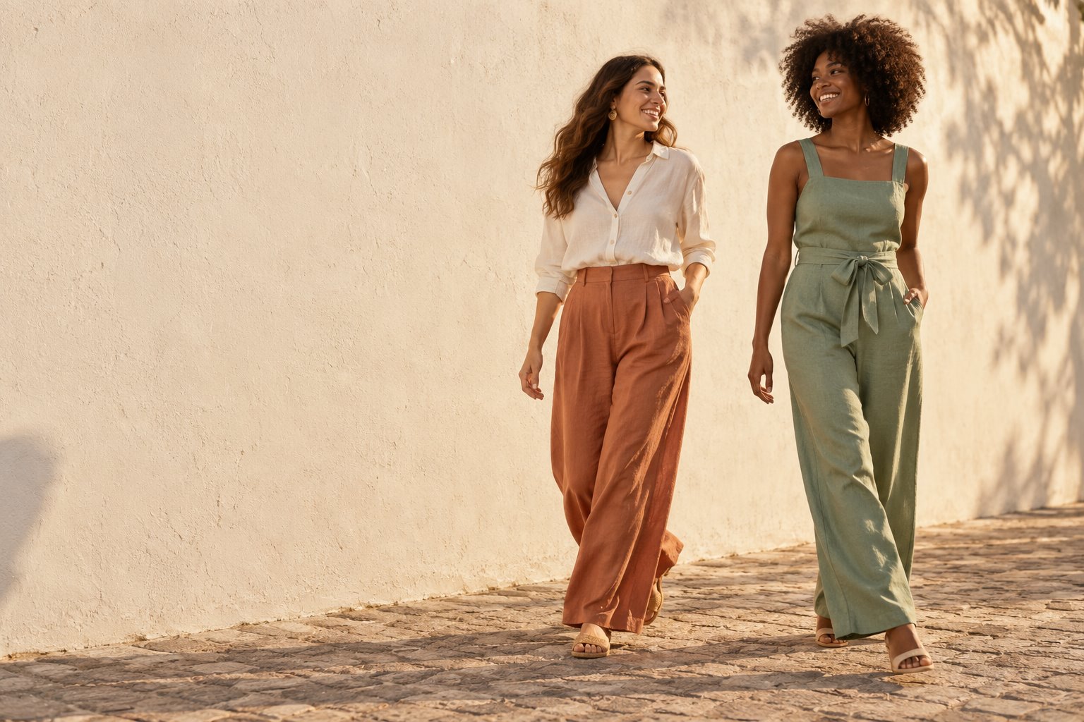 Duas mulheres com peças em tons naturais caminhando junto de uma parede clara