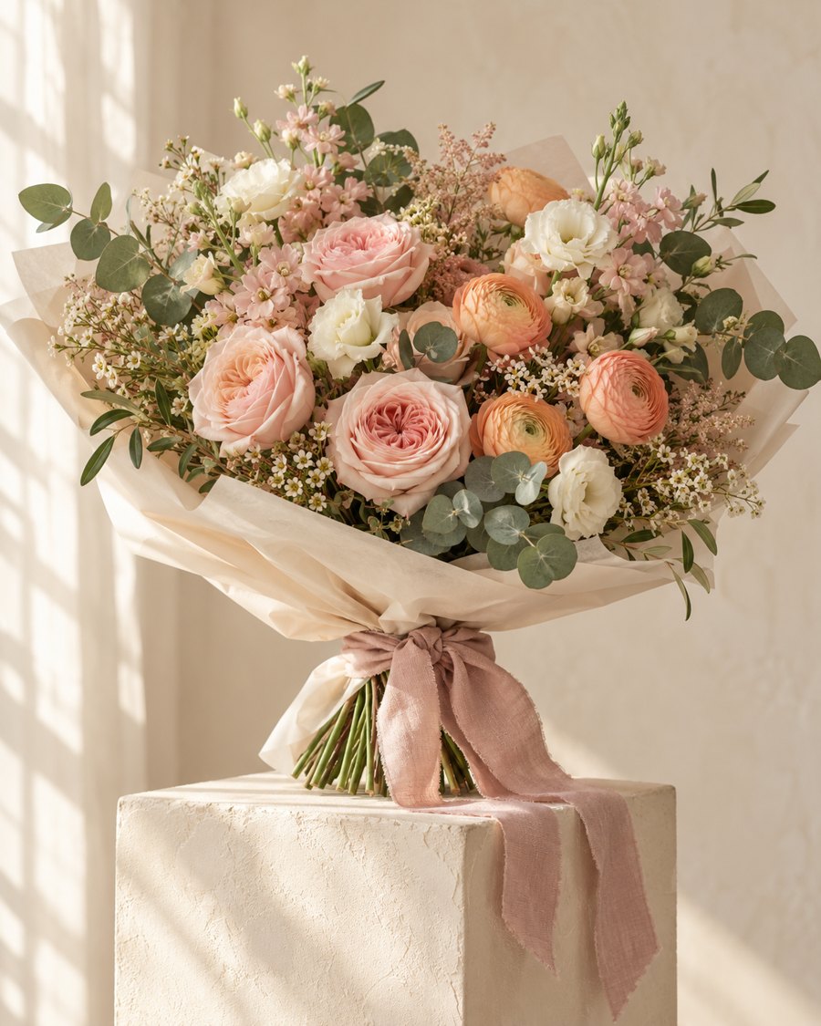Buquê de rosas claras e flores em tons de pêssego, com laço rosa