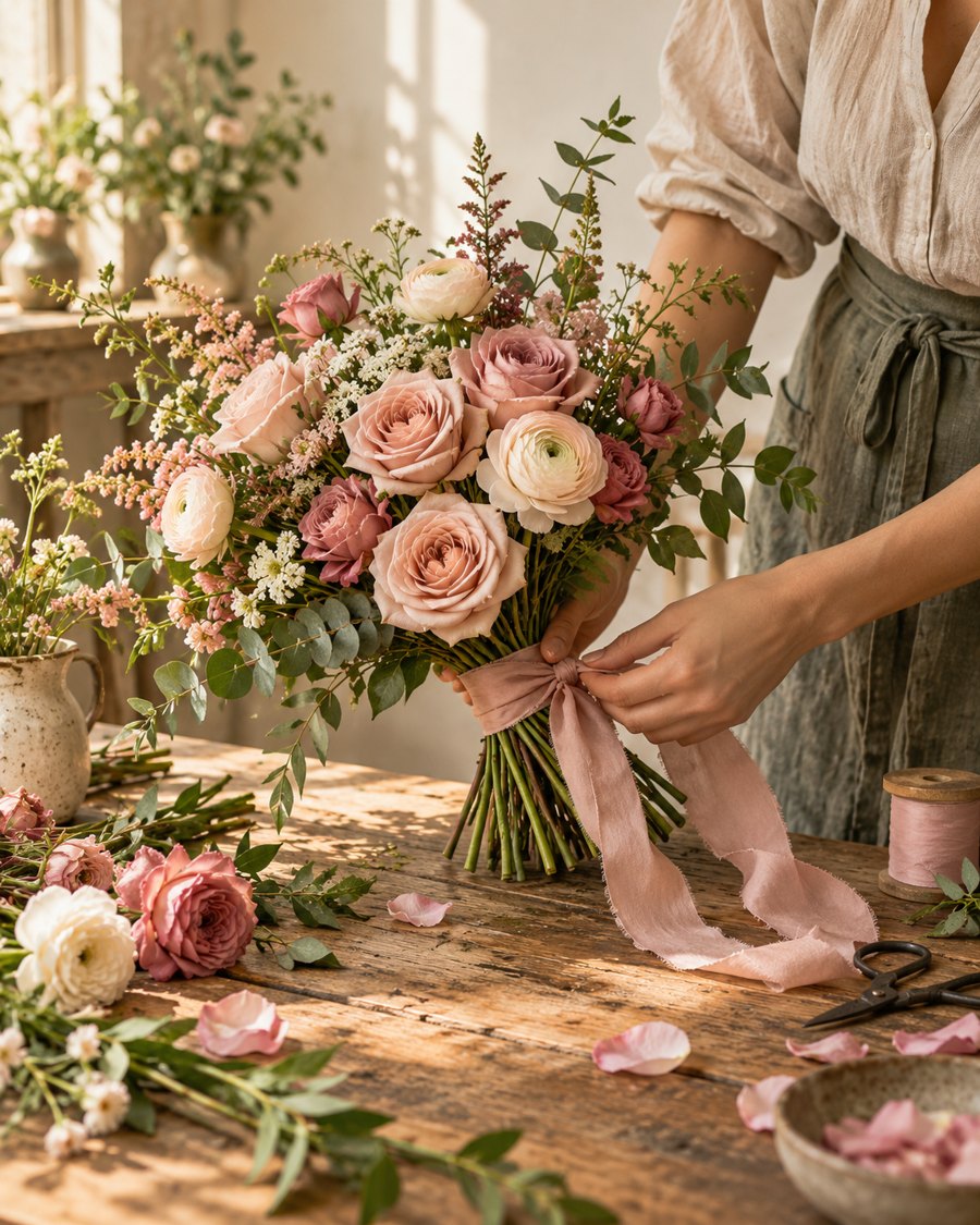 Mãos de uma florista preparando um buquê e amarrando uma fita rosa