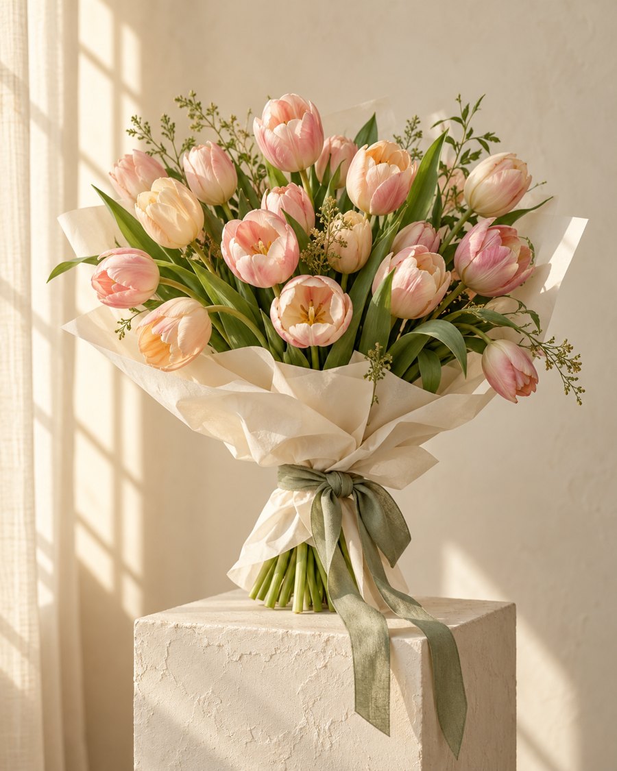 Tulipas em tons suaves, envoltas em papel claro