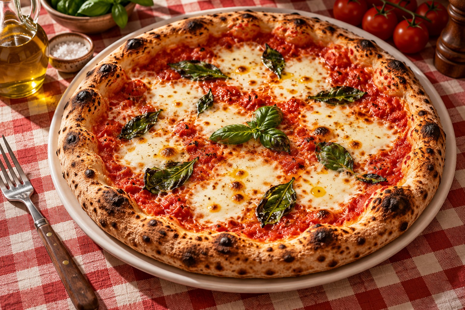 Pizza marguerita com muçarela, tomates e manjericão sobre uma mesa xadrez